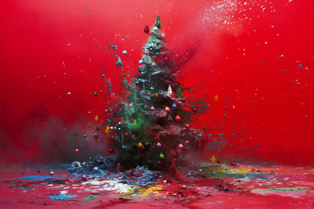christmas tree with colored balls and paint splashes on red backgroundの素材