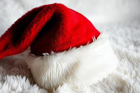 Santa Claus hat on fur background, close up. Christmas and New Year conceptの素材
