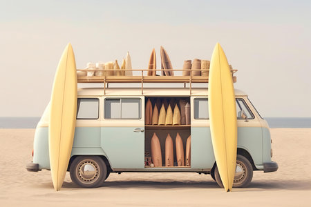 Surfboards in a van on the beach.の素材