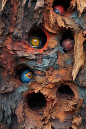 Close up view of the eyes of a witch on a tree.の素材