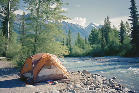 Camping on the shore of a mountain river in the Altai Republic.の素材