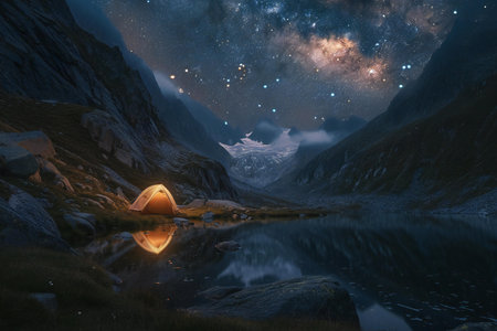 Night camping in the mountains. Night landscape with a tent and a lake.の素材