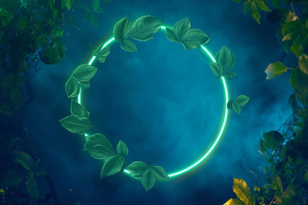 Green leaves and neon circle frame on dark background with copy space.の素材
