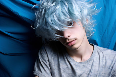 Portrait of a handsome young man with blue wig and white t-shirtの素材