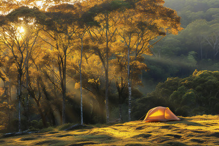 Camping in the forest at sunrise. Beautiful landscape with orange tentの素材