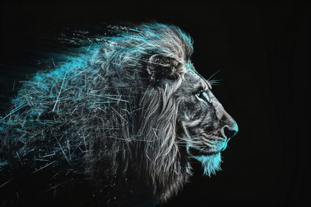 Portrait of a male lion on a black background with blue paint splashesの素材