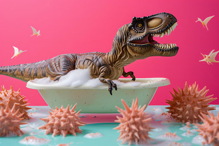 dinosaur and virus on a pink background.の素材