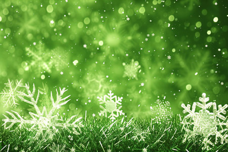 Green christmas background with snowflakes and bokeh lightsの素材