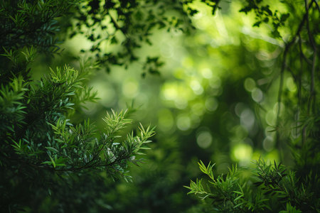 Green leaves in the forest with bokeh effect. Natural background.の素材