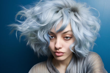 Portrait of a beautiful young woman with blue hair on blue backgroundの素材