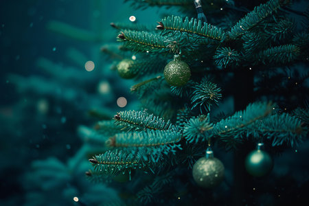 Christmas and New Year holidays background. Christmas tree with green balls.の素材