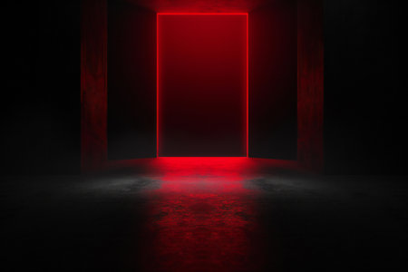 a red door in a dark room with neon lightの素材