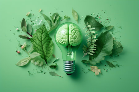 Idea concept with green lightbulb and green leaves on green backgroundの素材