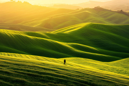 Lonely man walking on green field in Tuscany, Italyの素材
