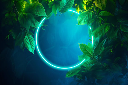 Green leaves with neon circle shape on dark background.の素材