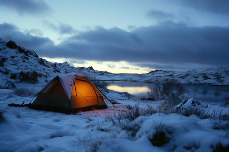 Camping on the shore of a frozen lake at night in Icelandの素材