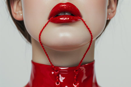 Close-up portrait of young beautiful girl with red lips and beadsの素材