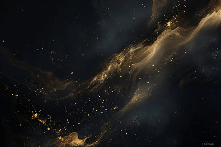 Abstract gold glittering background. Sparkling particles on black background.の素材