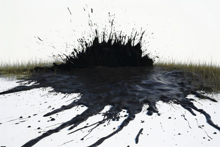 Splash of black paint on the grassland. Abstract background.の素材