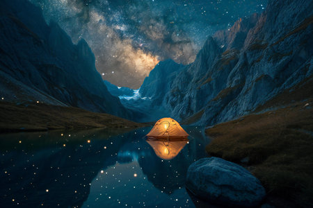 Tent in the mountains at night.の素材