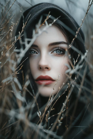 Portrait of a beautiful girl with blue eyes and red lips in a black hood on a background of dry grassの素材