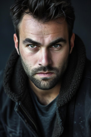 Portrait of a handsome young man with a beard in a black jacketの素材