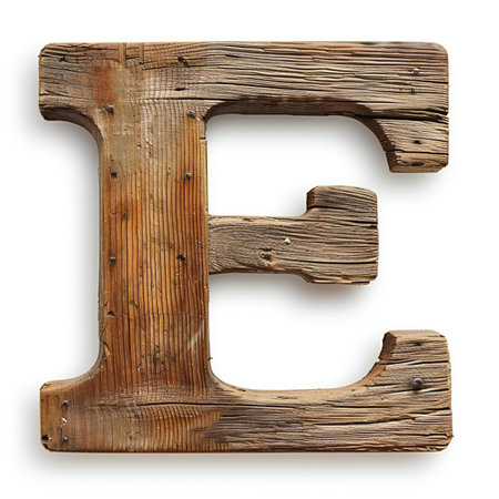 Wooden letter E isolated on white background.の素材