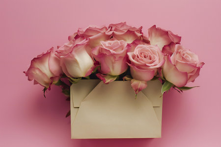 top view of bouquet of pink roses and envelope on pink backgroundの素材