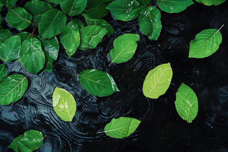 Green leaves floating on the water surface. Nature background with copy space.の素材