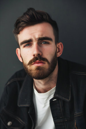 Portrait of a handsome man with beard and mustache in black jacketの素材