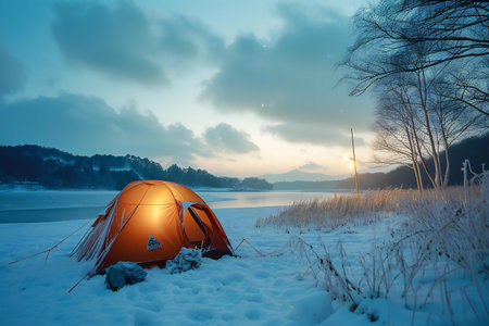 Orange camping tent on the shore of a frozen lake at night.の素材