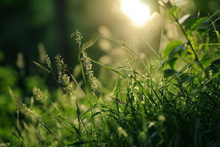 Grass flower in the morning light with sunbeams and lens flareの素材