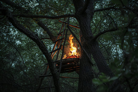 Campfire in the forest. Fireplace in the forest at nightの素材