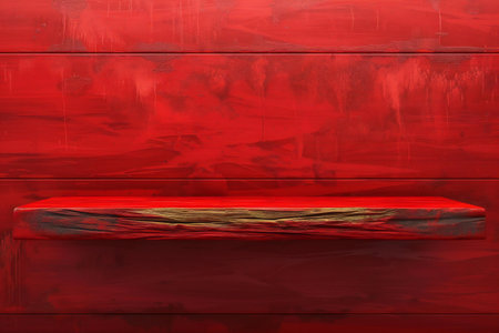 Empty red marble shelf on red wooden wall background. For product displayの素材