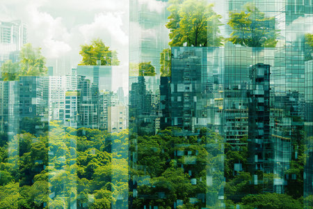 Double exposure of modern skyscrapers and green trees in the cityの素材