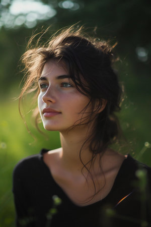 Portrait of a beautiful young brunette woman in the field.の素材