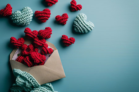 Handmade crochet hearts on a blue background. Valentine's day concept.の素材