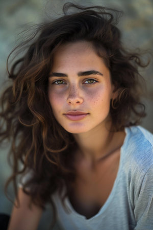 Close up portrait of a beautiful young woman with long brown curly hairの素材