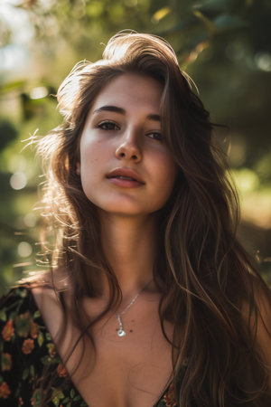 Portrait of a beautiful girl with long brown hair in a dressの素材