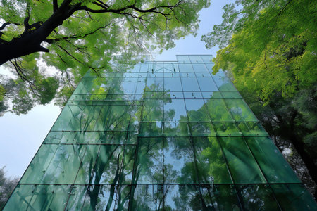 Reflection of tree and modern building in the glass wall of buildingの素材