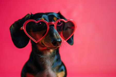 image of a dog in a heart-shaped glasses on a pink backgroundの素材