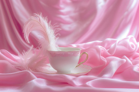 Cup of coffee and feather on pink satin background, soft focusの素材