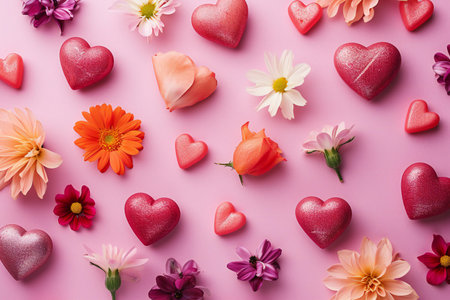 Valentines day background with hearts, flowers and petals on pinkの素材