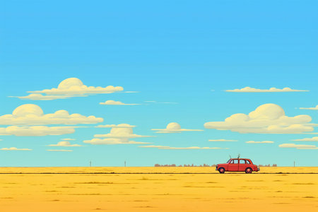 Red car on the road in the steppe.の素材
