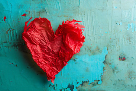 Red crumpled paper heart on turquoise textured backgroundの素材