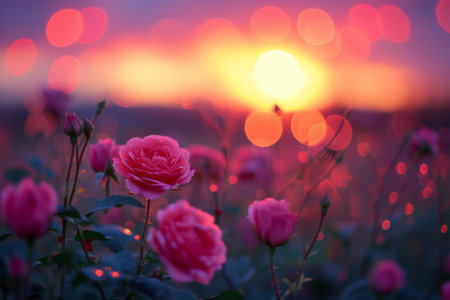 Beautiful pink roses in the garden at sunset. Nature background.の素材