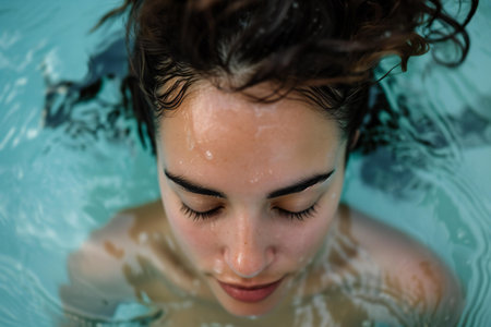 Portrait of a beautiful young woman in the swimming pool. Shallow depth of field.の素材