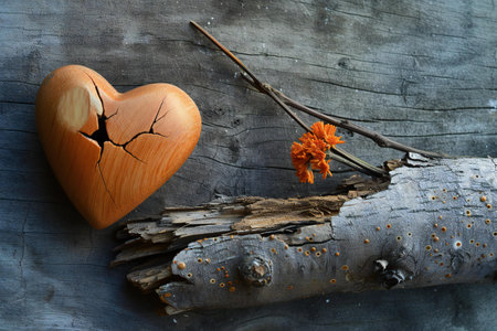 Broken wooden heart on a wooden background. Conceptual image.の素材