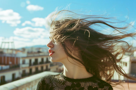 Portrait of beautiful young woman with flying hair in the wind.の素材