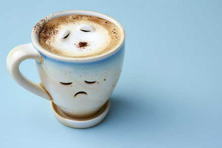 Coffee cup with a sad face on a blue background.の素材